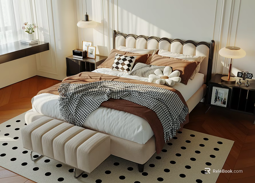 Cozy Double Bed with Upholstered Headboard Brown Throw Polka Dot Rug and Sunlight 3d model 