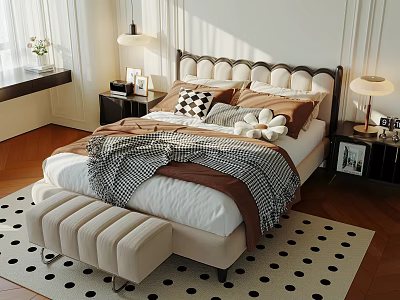 Cozy Double Bed with Upholstered Headboard Brown Throw Polka Dot Rug and Sunlight 3d model