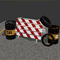 Red And White Striped Road Barricade With Black Danger Barrels And Tires