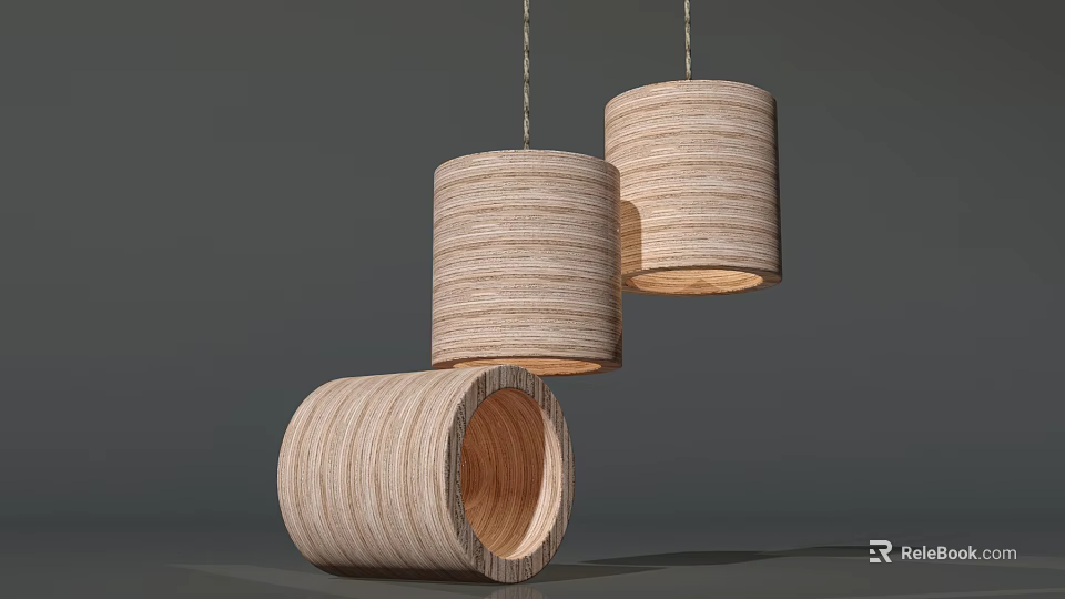 Modern Minimalist Wooden Textured Cylindrical Pendant Lights with Hanging Design and Natural Finish 3d model 