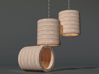 Modern Minimalist Wooden Textured Cylindrical Pendant Lights with Hanging Design and Natural Finish 3d model