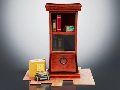 Red Wooden Bookcase With Glass Door Decorative Drawer And Stacked Books On Wooden Base 3d model