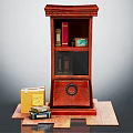 Red Wooden Bookcase With Glass Door Decorative Drawer And Stacked Books On Wooden Base