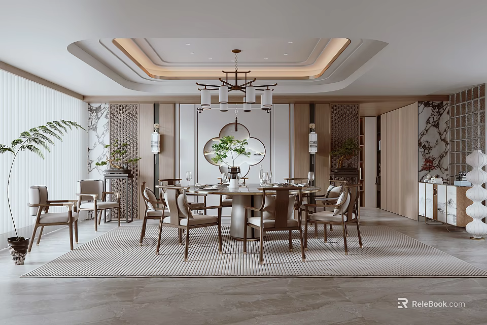 Elegant Chinese Style Private Dining Room Interior With Round Table Chairs And Pendant Light Decorations 3d model 