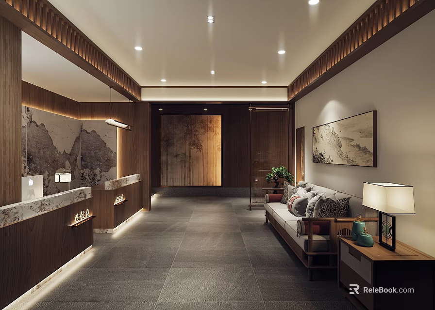 Elegant Store Front Desk Interior Design With Wooden Structure Marble Countertop And Sofa Seating 3d model