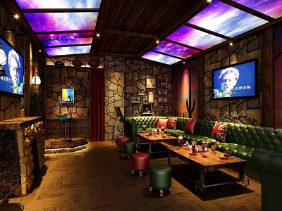 KTV Interior With Starry Ceiling Stone Walls Sofa Seating And TV Screens 3d model