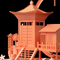 Chinese Traditional 3D Decorative Model Featuring Circular Frame Pagoda Lantern And Moon 3d model