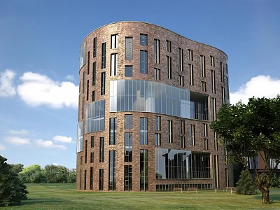 Modern Curved Brick Building With Glass Facade And Green Lawn Surroundings 3d model