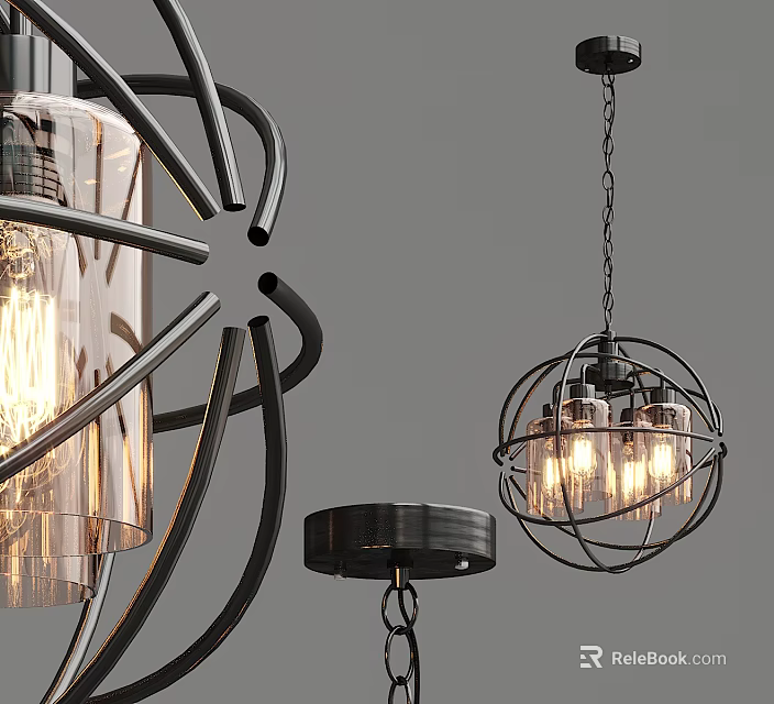 Modern Chandeliers with Geometric Metal Frames and Glass Shades Illuminating Interior 3d model 