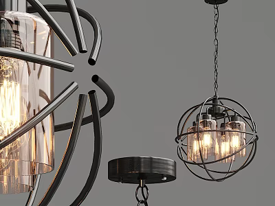 Modern Chandeliers with Geometric Metal Frames and Glass Shades Illuminating Interior 3d model
