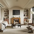 Modern Living Room Interior Design With Sofa Chair Coffee Table Fireplace And Bookshelves