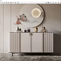 Modern Entryway Console Cabinet With Vertical Stripe Design Circular Mountain Pattern Mirror And Decor 3d model