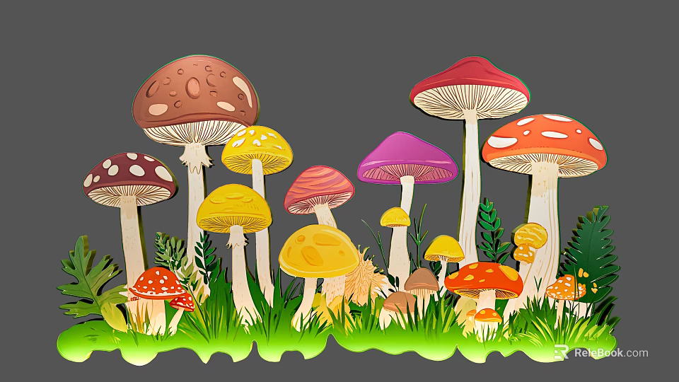 Colorful Mushroom Plant Combination in Green Grass with Various Shapes and Bright Hues 3d model 
