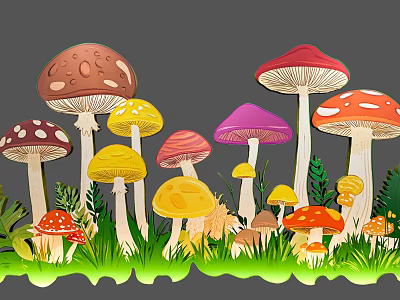 Colorful Mushroom Plant Combination in Green Grass with Various Shapes and Bright Hues 3d model