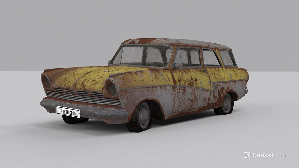Old Rusty Vintage Station Wagon With Yellow And Rusty Paint Finish 3d model 