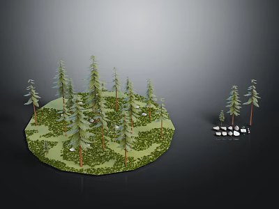 Round Green Platform with Lush Pine Trees and White Black Stones 3d model