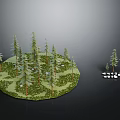 Round Green Platform with Lush Pine Trees and White Black Stones