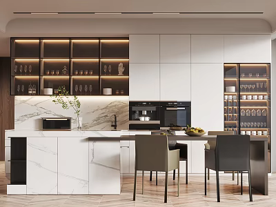 Elegant Modern Restaurant Interior With Marble Dining Table Dark Chairs And Wooden Flooring 3d model