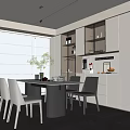 Modern Restaurant Interior With Dining Table Chairs Cabinets And Window Blinds 3d model