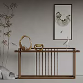 Elegant Chinese Style Console Table With Wooden Frame Woven Basket Ornament And Bamboo Plant