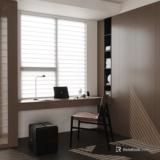 Modern Workspace Interior With Desk Laptop Table Lamp And Window Blinds 3d model