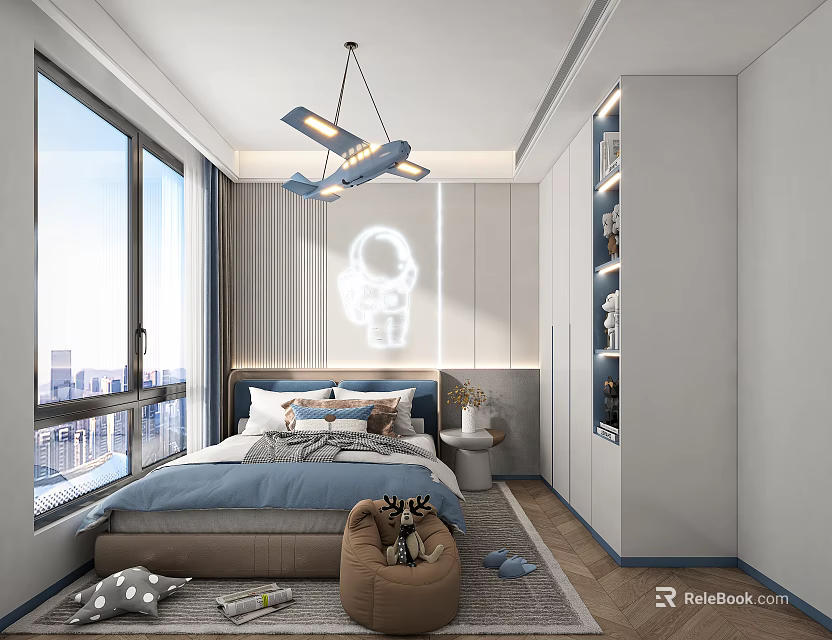 Kids Room Interior Design With Blue Bedding Astronaut Wall Decor And Storage Cabinets 3d model 