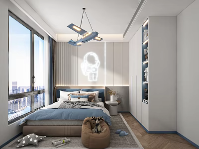 Kids Room Interior Design With Blue Bedding Astronaut Wall Decor And Storage Cabinets 3d model