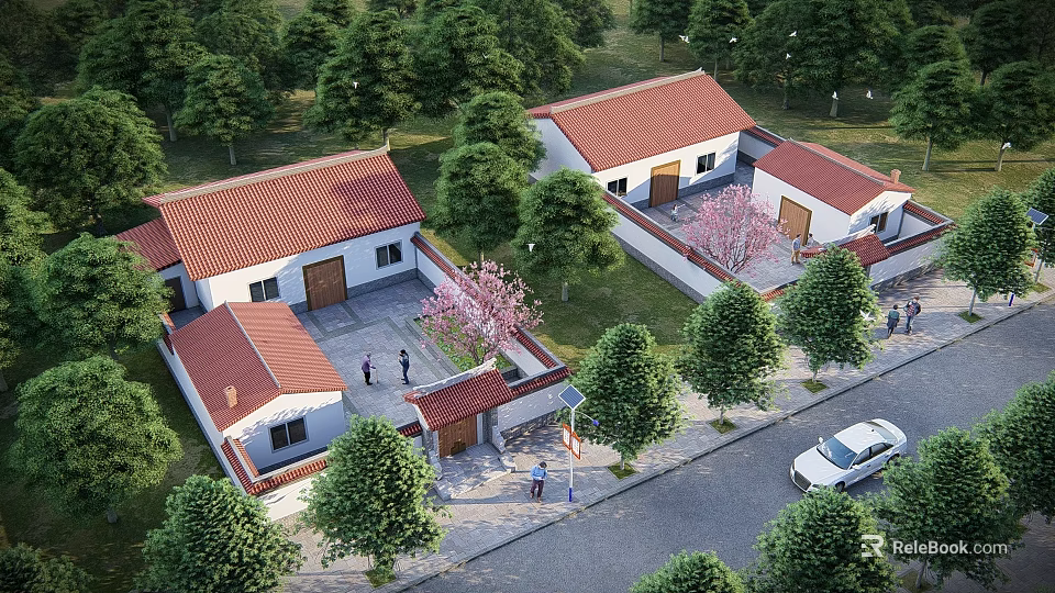 Detached Villa With Red Roof White Walls Lush Green Trees And Garden 3d model 