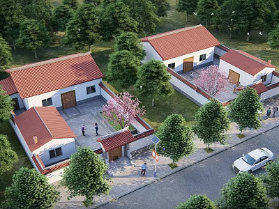 Detached Villa With Red Roof White Walls Lush Green Trees And Garden 3d model