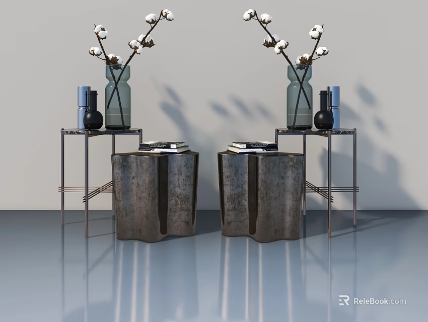 Elegant Hinged Door Interior With Cotton Branch Vases And Metal Frame Tables 3d model 