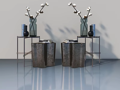 Elegant Hinged Door Interior With Cotton Branch Vases And Metal Frame Tables 3d model