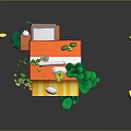 Colorful Small Kiosk With Yellow Red Awning ZACHI Sign White Rabbit Green Plants Yellow Stars