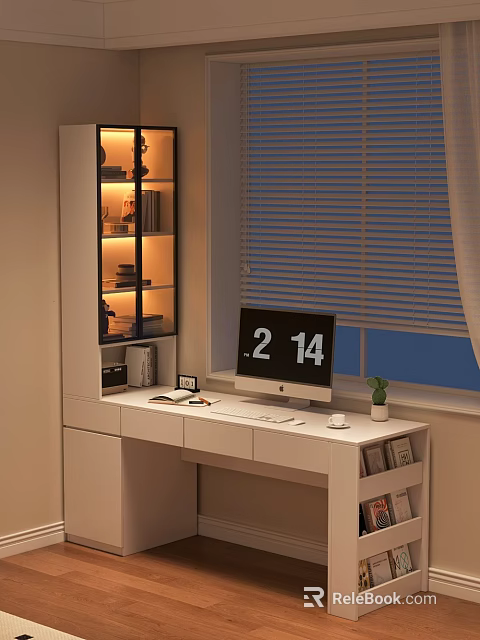 Office Desk With Computer Monitor Time Display Small Plant Illuminated Glass Shelf And Window Blinds 3d model 