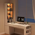 Office Desk With Computer Monitor Time Display Small Plant Illuminated Glass Shelf And Window Blinds