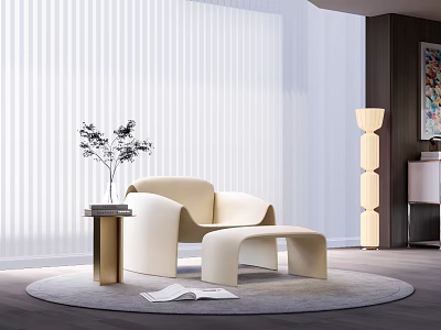 Modern Beige Leisure Chair With Side Table Potted Plant Floor Lamp Rug And Bright Interior 3d model