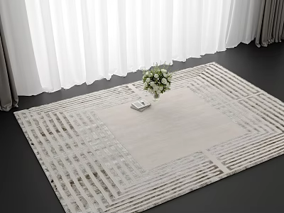 Square Rug With Modern Striped Design On Black Floor White Curtains And Flower Bouquet 3d model