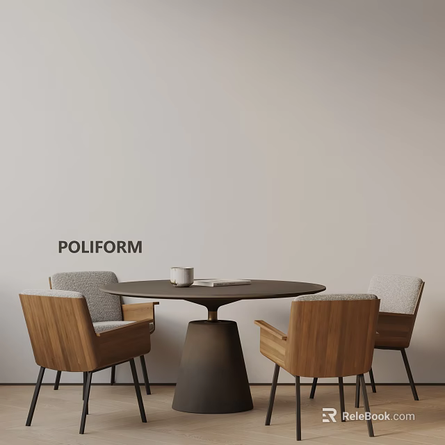 Poliform Modern Dining Table Set with Round Top Three Wooden Chairs Light Gray Cushioned Backs 3d model