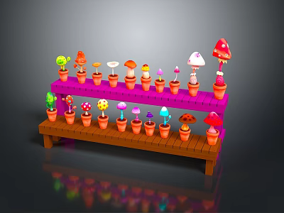 Colorful Mushroom Planters on Multi Tiered Wooden and Pink Shelves 3d model