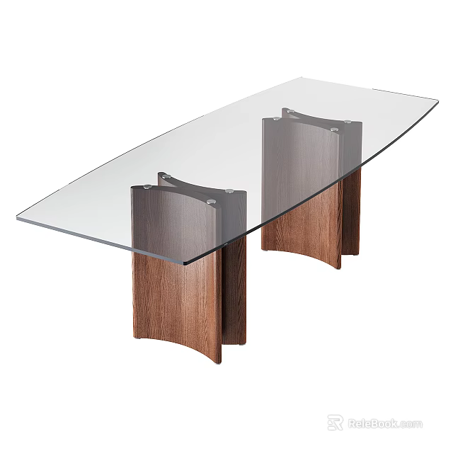 Contemporary Glass Top Table with Curved Metal and Wooden Supports 3d model 