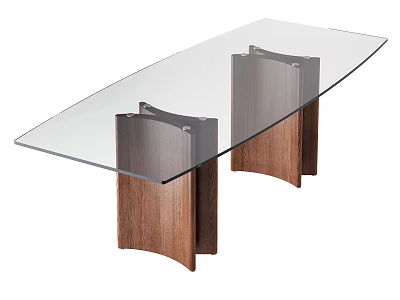 Contemporary Glass Top Table with Curved Metal and Wooden Supports 3d model
