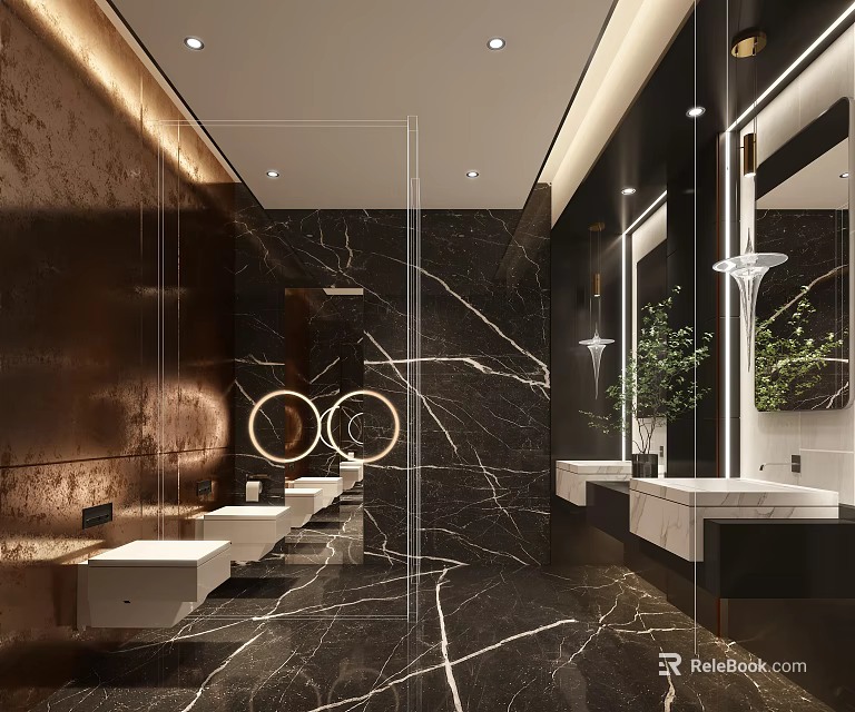 Modern Public Restroom Interior With Marble Walls Double Circular Mirrors White Sinks And Elegant Lighting 3d model 