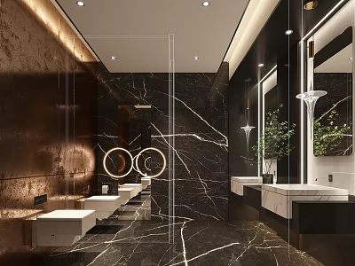 Modern Public Restroom Interior With Marble Walls Double Circular Mirrors White Sinks And Elegant Lighting 3d model