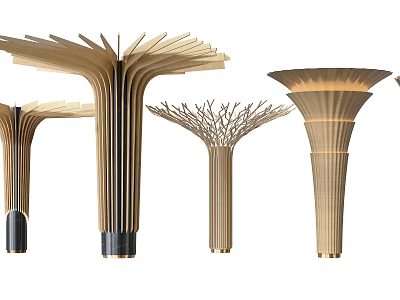 Various Artistic Modern Decorative Columns With Fan Shaped Tops Branch Like Structures And Metallic Gold Details 3d model