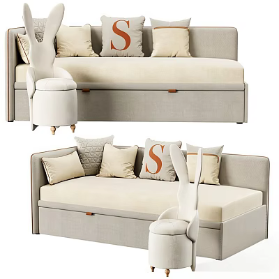 Modern Light Gray Sofa With Beige Pillows Initial S And Matching Ottoman 3d model