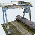 Rusted Industrial Equipment Structure With Yellow Guardrails Metal Platform And Pipes On Concrete Floor