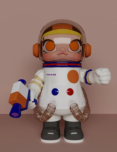 Carebot Astronaut Doll With Big Orange Eyes White Spacesuit Orange Red Blue Circles And Tool 3d model