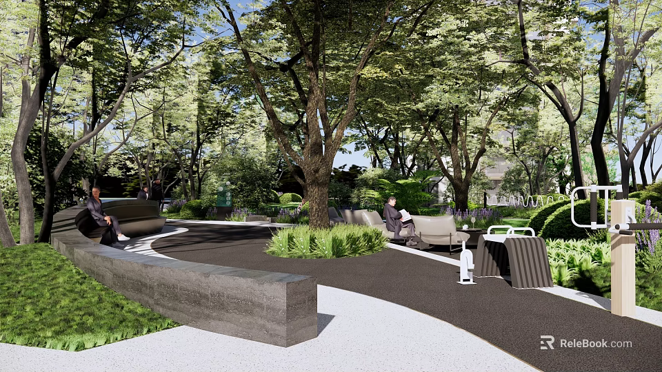 Tranquil Lush Courtyard Garden Design With Tall Trees Stone Benches And Curved Pathways 3d model 