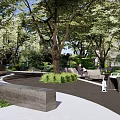 Tranquil Lush Courtyard Garden Design With Tall Trees Stone Benches And Curved Pathways