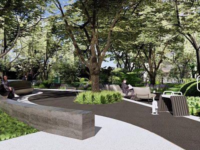 Tranquil Lush Courtyard Garden Design With Tall Trees Stone Benches And Curved Pathways 3d model