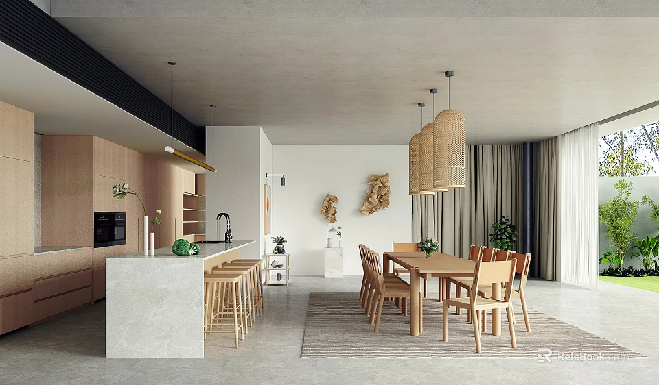 Modern Restaurant Interior With Wooden Dining Furniture Marble Island Rattan Pendant Lights Green Plants 3d model 
